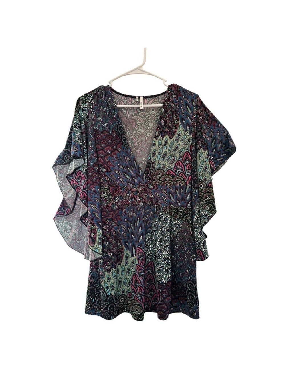 Studio Y Fairy Peasant Peacock Tunic Top Womens Small Kimono Sleeves Paisley